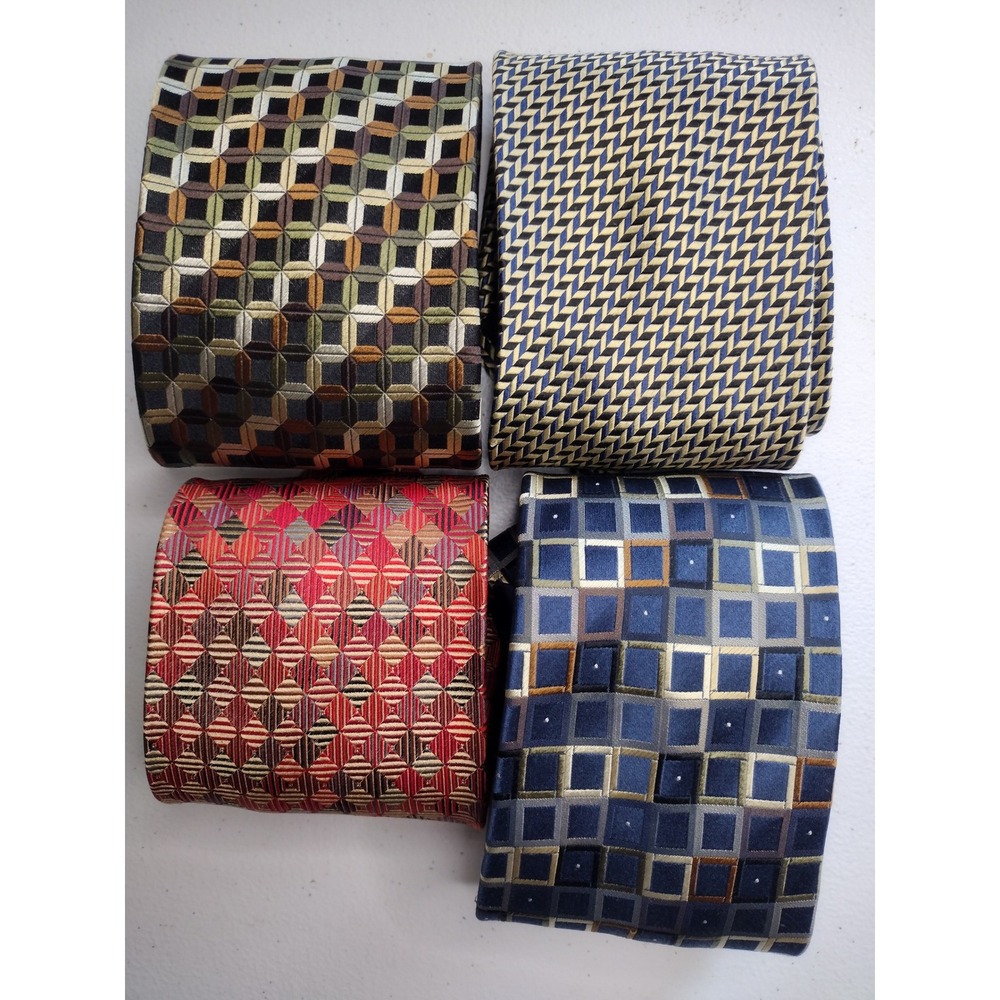 Peacock Pure Silk‎ Handmade Neckties Men's Lot of 4 Geometric Patterns